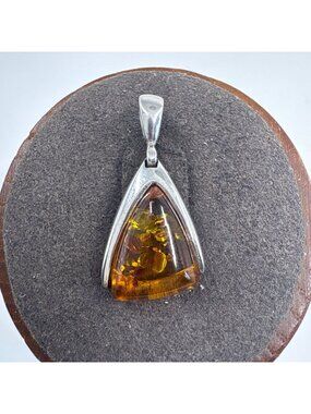 VTG Solid Sterling Silver 925 Triangle Baltic Amber Pendant Size 1" Length